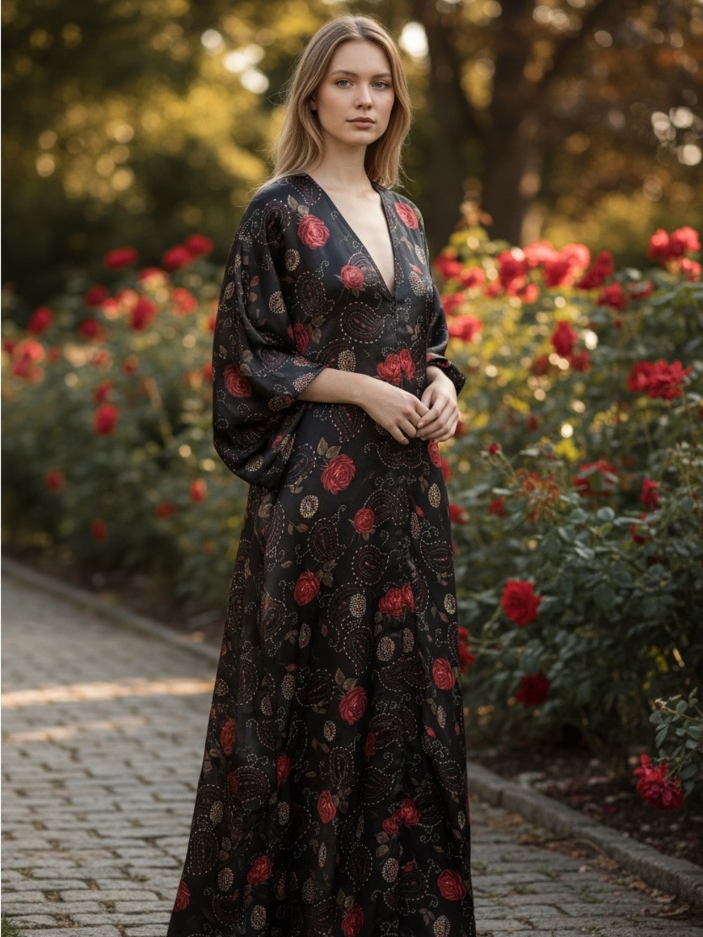 Cabernet Black Maxi Kaftan with Red Rose & Paisley Print